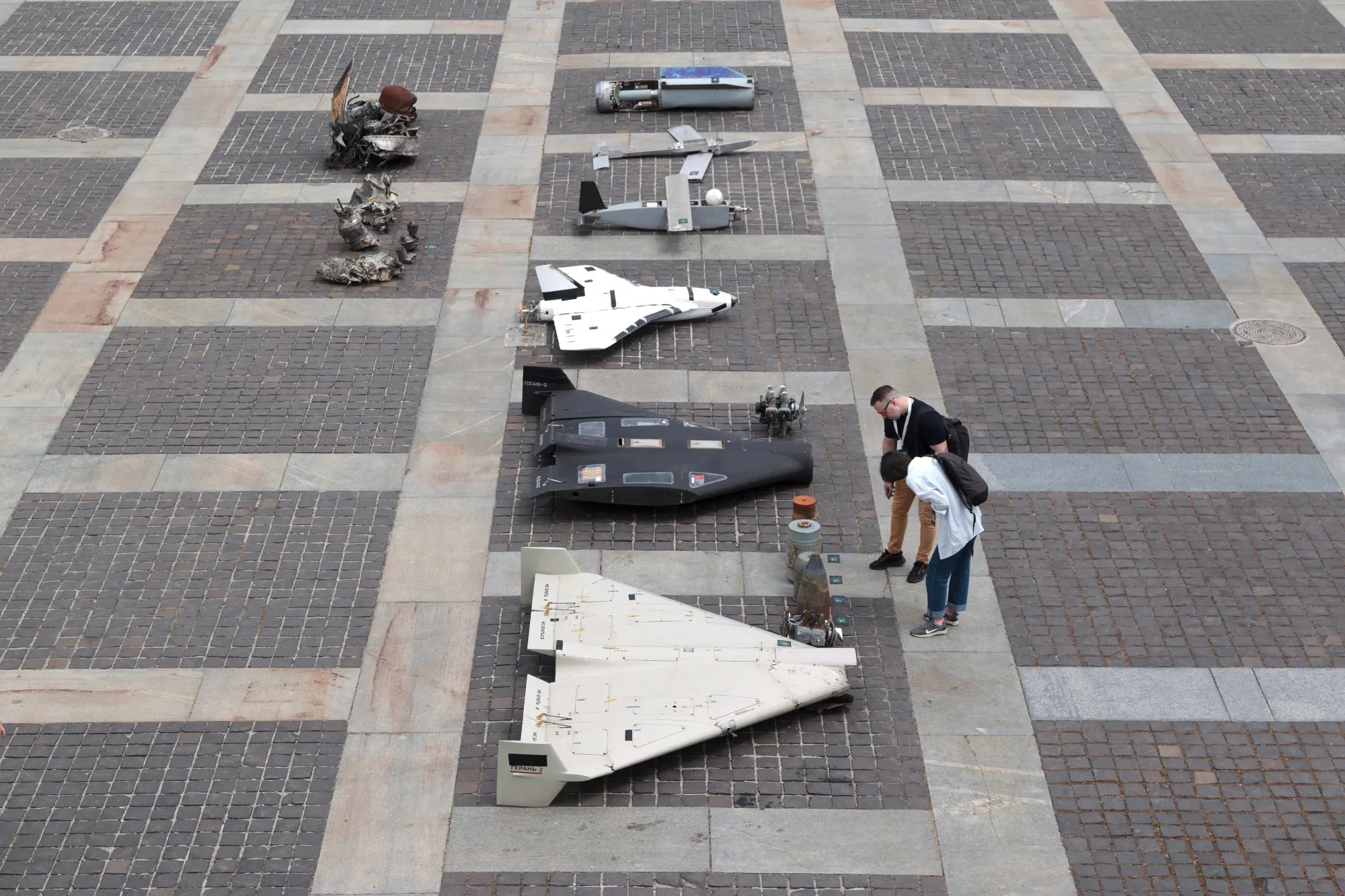 An exhibition of downed Russian UAVs, containing imported components, displayed in Kyiv.