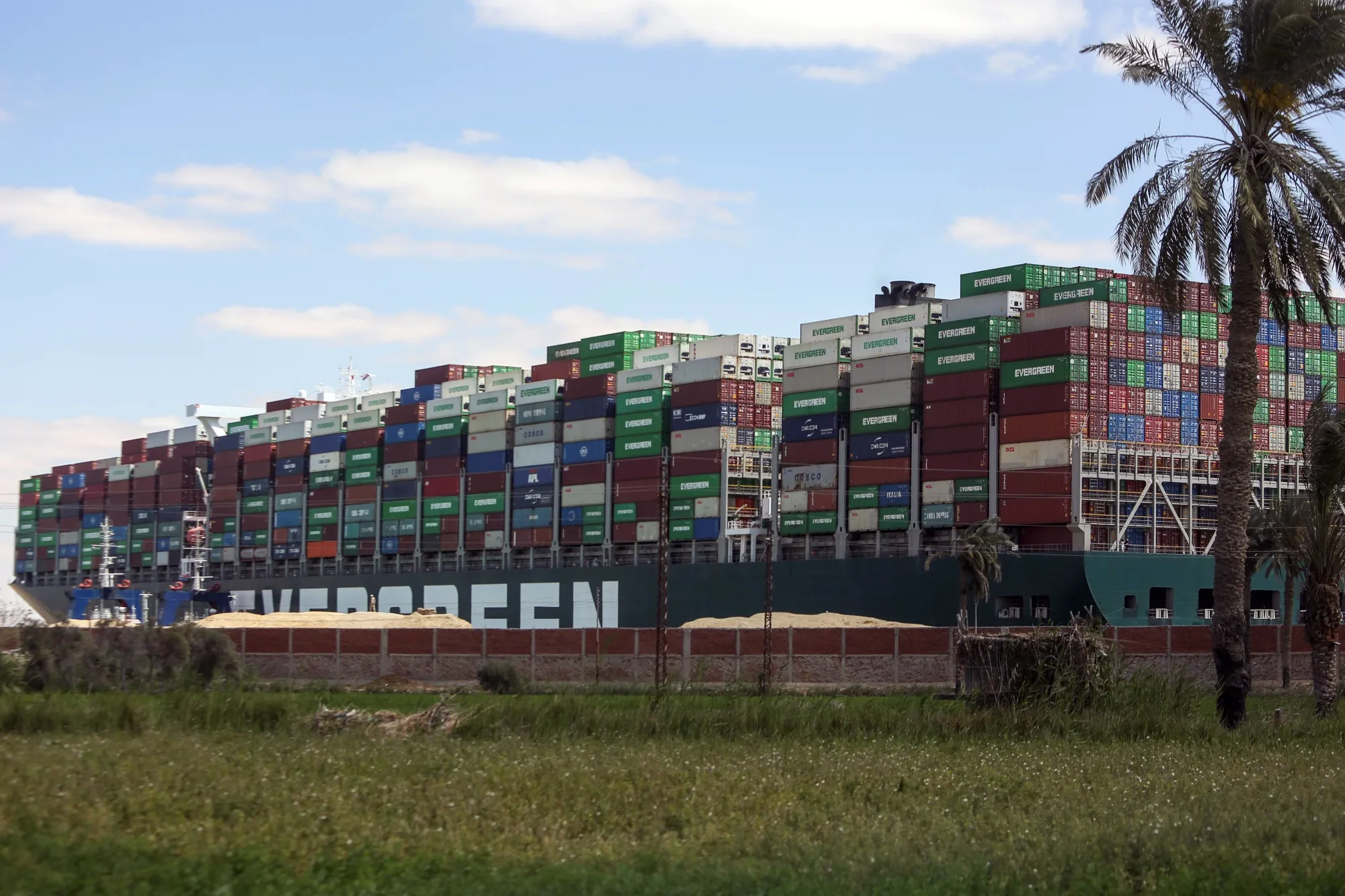 The 'Ever Given' container ship blocking transit along the Suez Canal in Ismailia, Egypt.