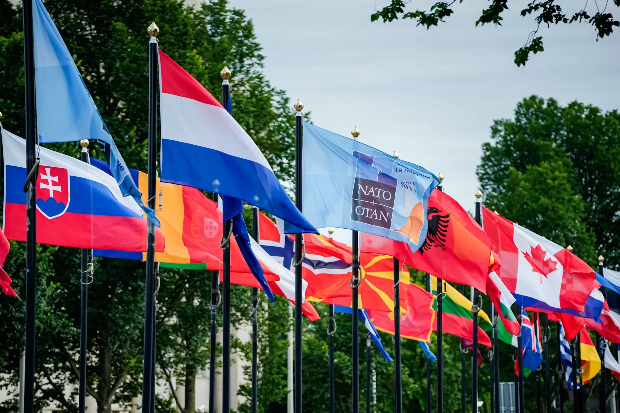 Flags of North Atlantic Treaty Organization member countries at the summit in The Hague, Netherlands.