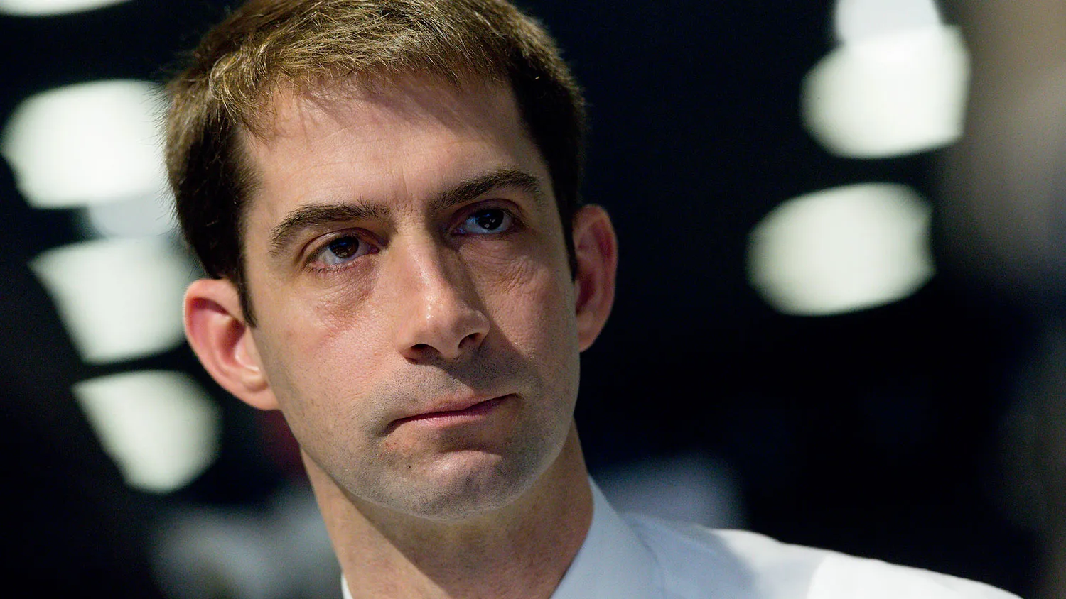 Senator Tom Cotton of Arkansas listens during an interview in Washington on March 17, 2015.
