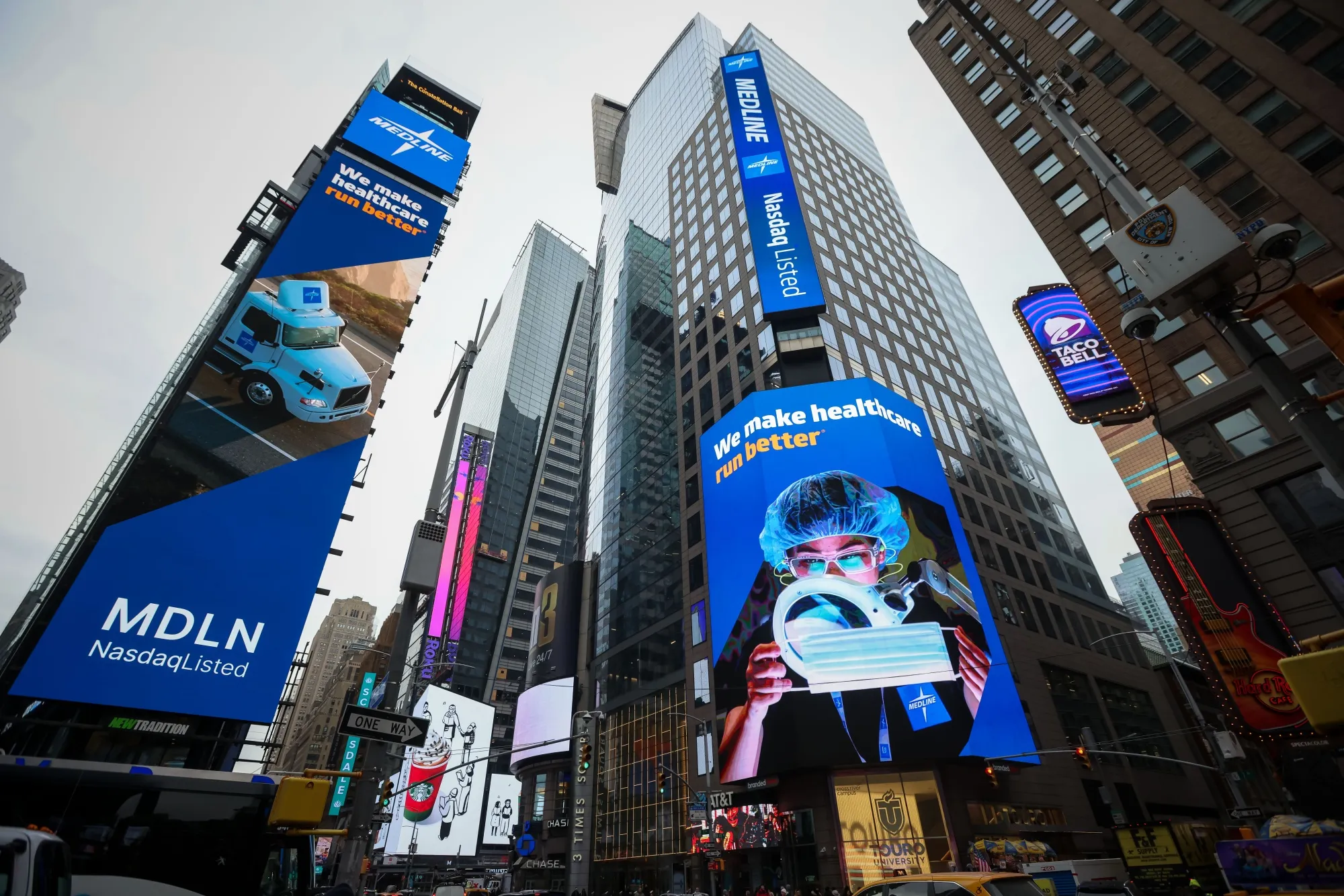 Medline Inc. signage during the company's initial public offering (IPO) at the Nasdaq MarketSite in New York in December 2025.