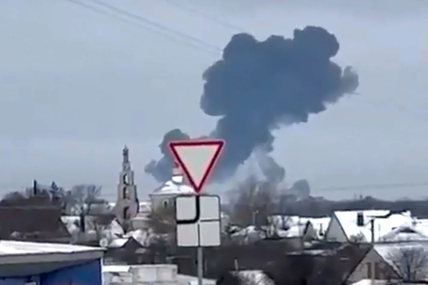 Smoke rises from the scene of an aircraft crash in Belgorod region, Russia, on Jan. 24.