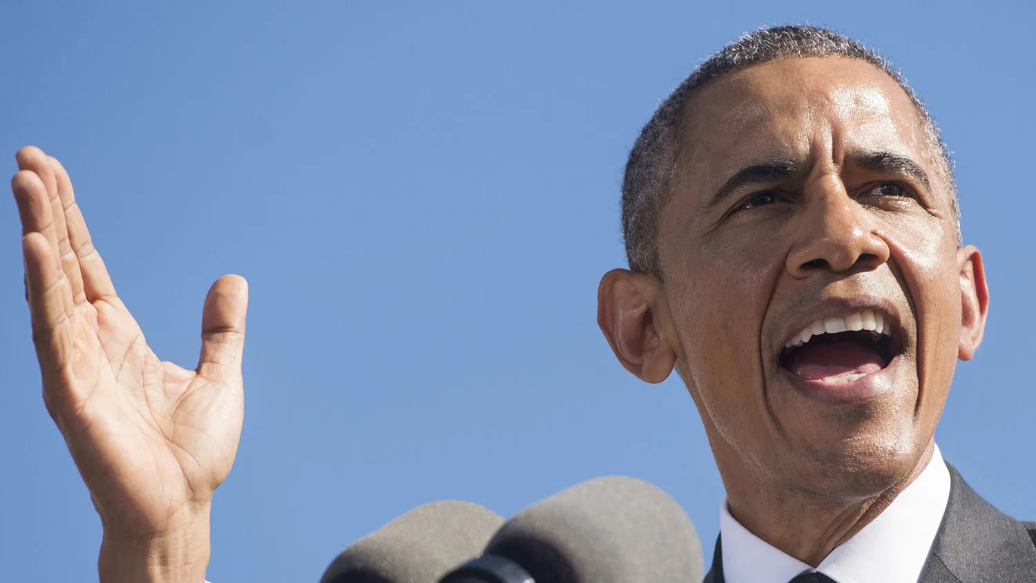 US President Barack Obama speaks during an event marking the 50th Anniversary of the Selma to Montgomery civil rights marches at the Edmund Pettus Bridge in Selma, Alabama, March 7, 2015.

