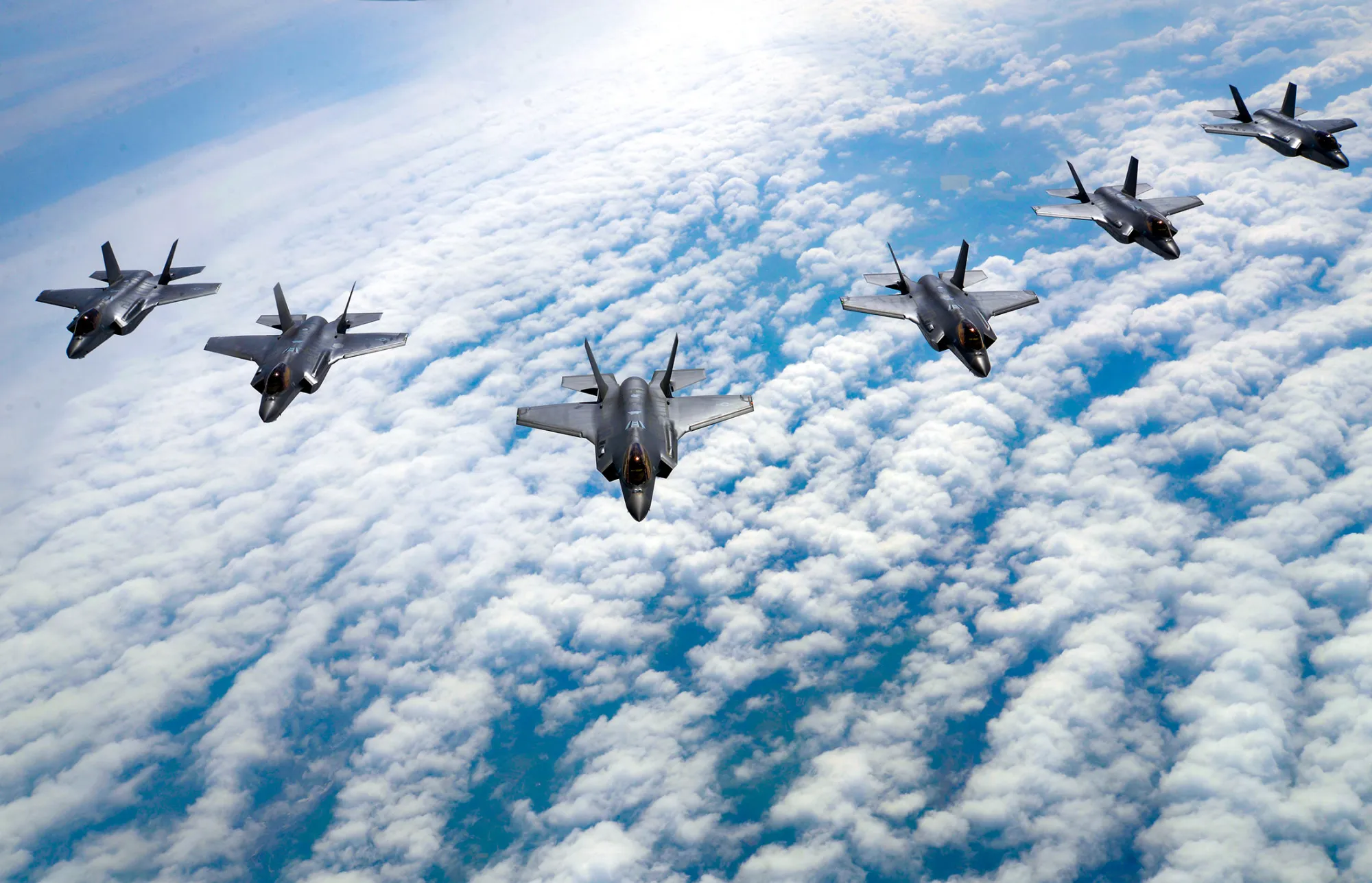 F-35 Lightning II's from Hill Air Force Base, Utah, fly in formation during a training flight May 2, 2017. F-35 pilots are using the airframe in its first-ever flying training deployment to Europe. (U.S. Air Force photo/Senior Airman Christine Groening)