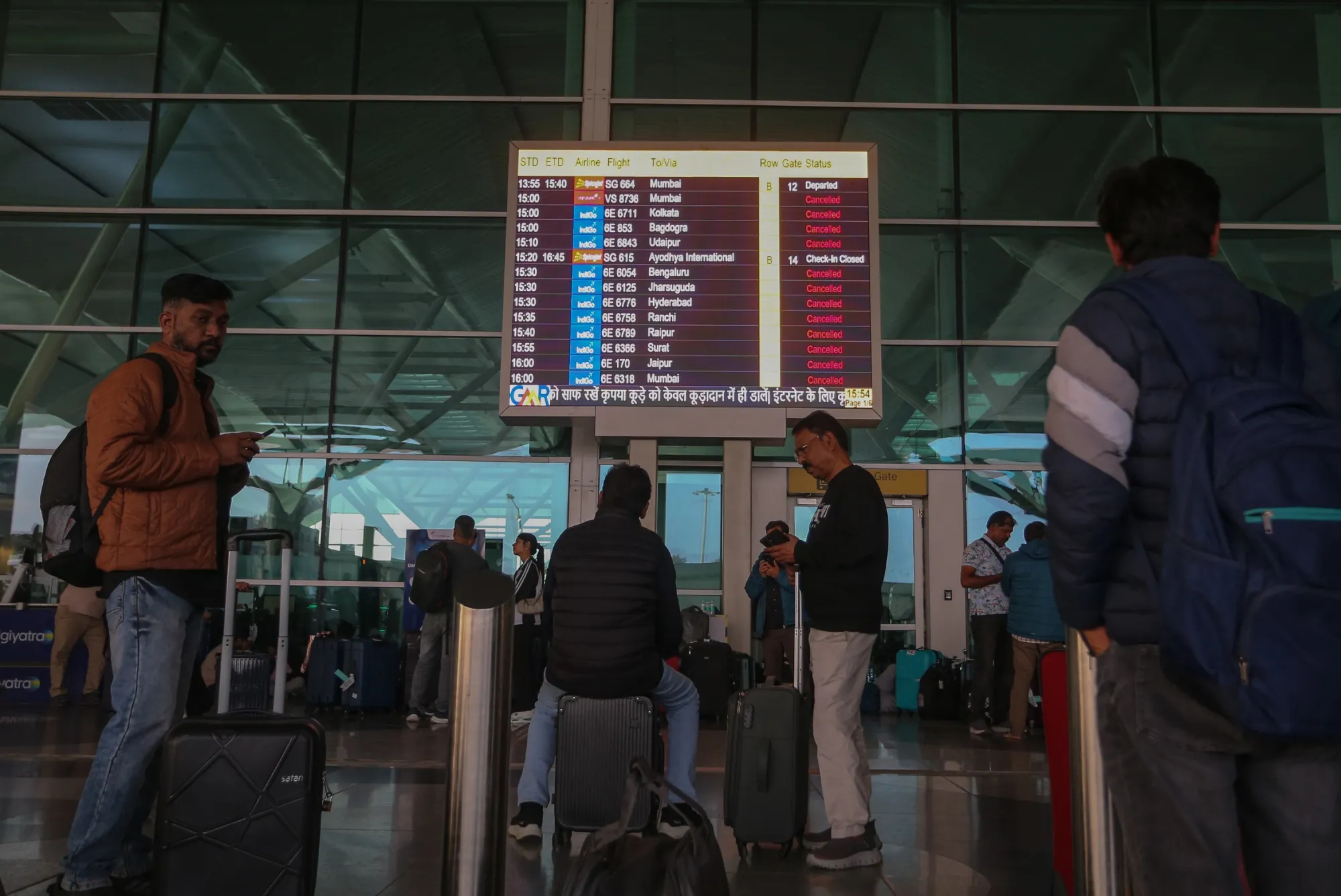 A screen showing&nbsp;cancelled IndiGo flights&nbsp;inside Terminal 1 of Indira Gandhi International Airport in New Delhi&nbsp;in Dec. 2025.
