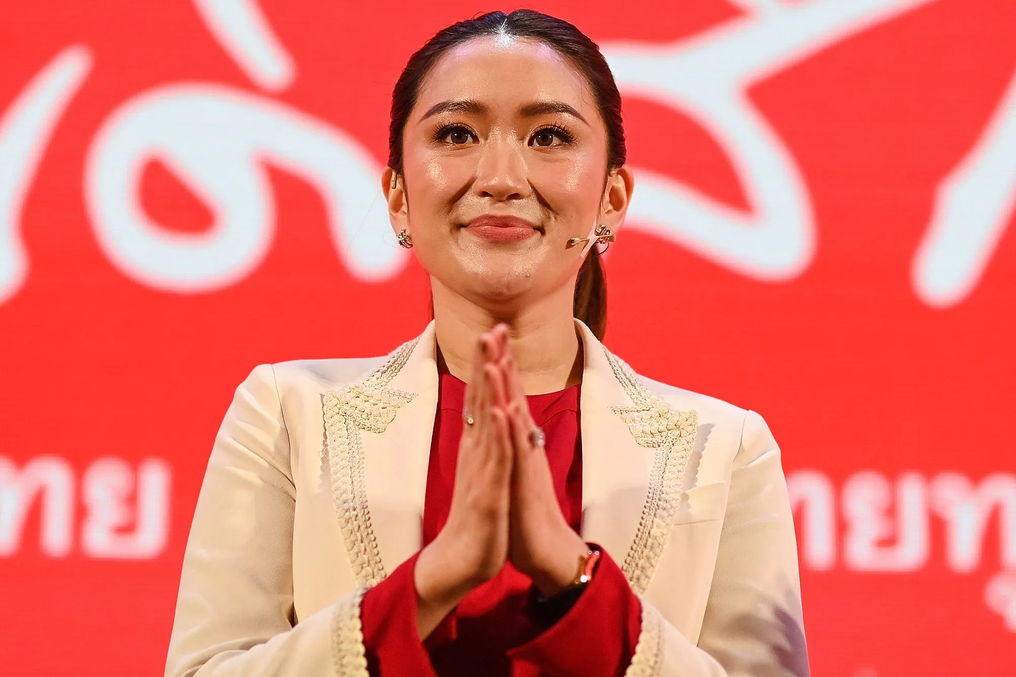 Paetongtarn Shinawatra, daughter of Thaksin Shinawatra, during the Pheu Thai party's annual meeting.&nbsp;