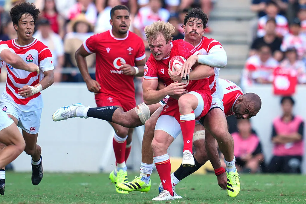 Blair Murray of Wales is tackled by Dylan Riley of Japan during the rugby international match&nbsp;in Kitakyushu, Fukuoka, Japan, July 5.&nbsp;
