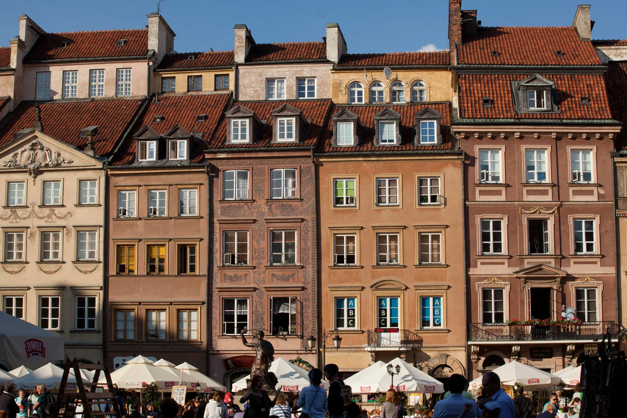 Restored residential buildings stand in Warsaw, Poland, on June 16, 2014.
