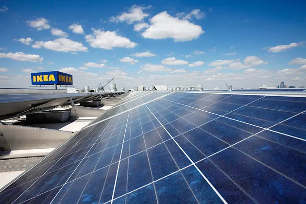 Solar panels line the roof of Ikea's Brooklyn, N.Y., store in April 2011
