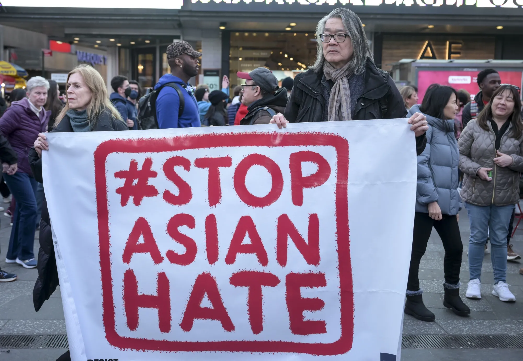 A demonstration against Asian hate on March 16, 2023. More rallies are planned around Asian American and Pacific Islander Heritage month in May.