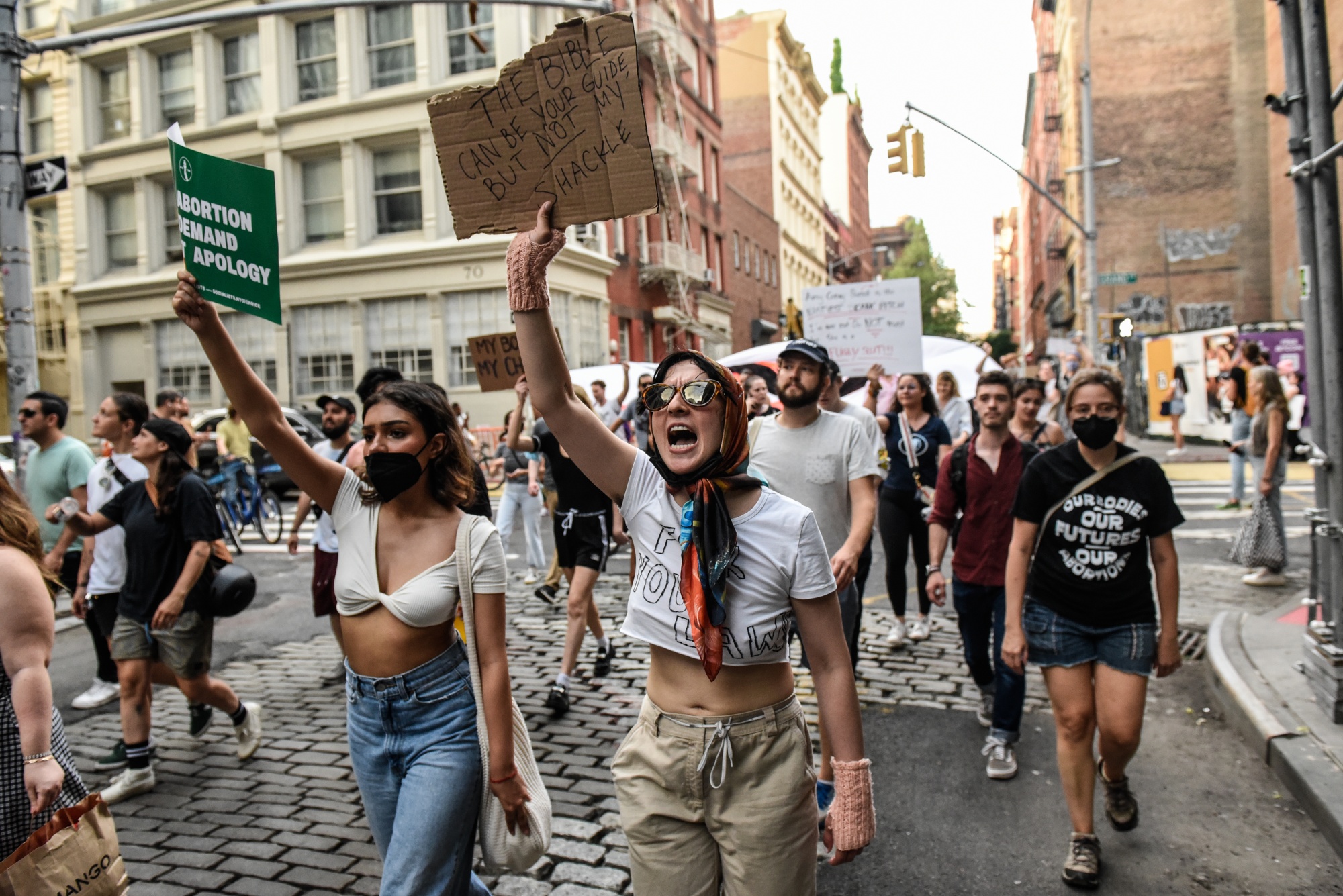 Abortion rights demonstrators march during a protest in New York&nbsp;on&nbsp;June 24.