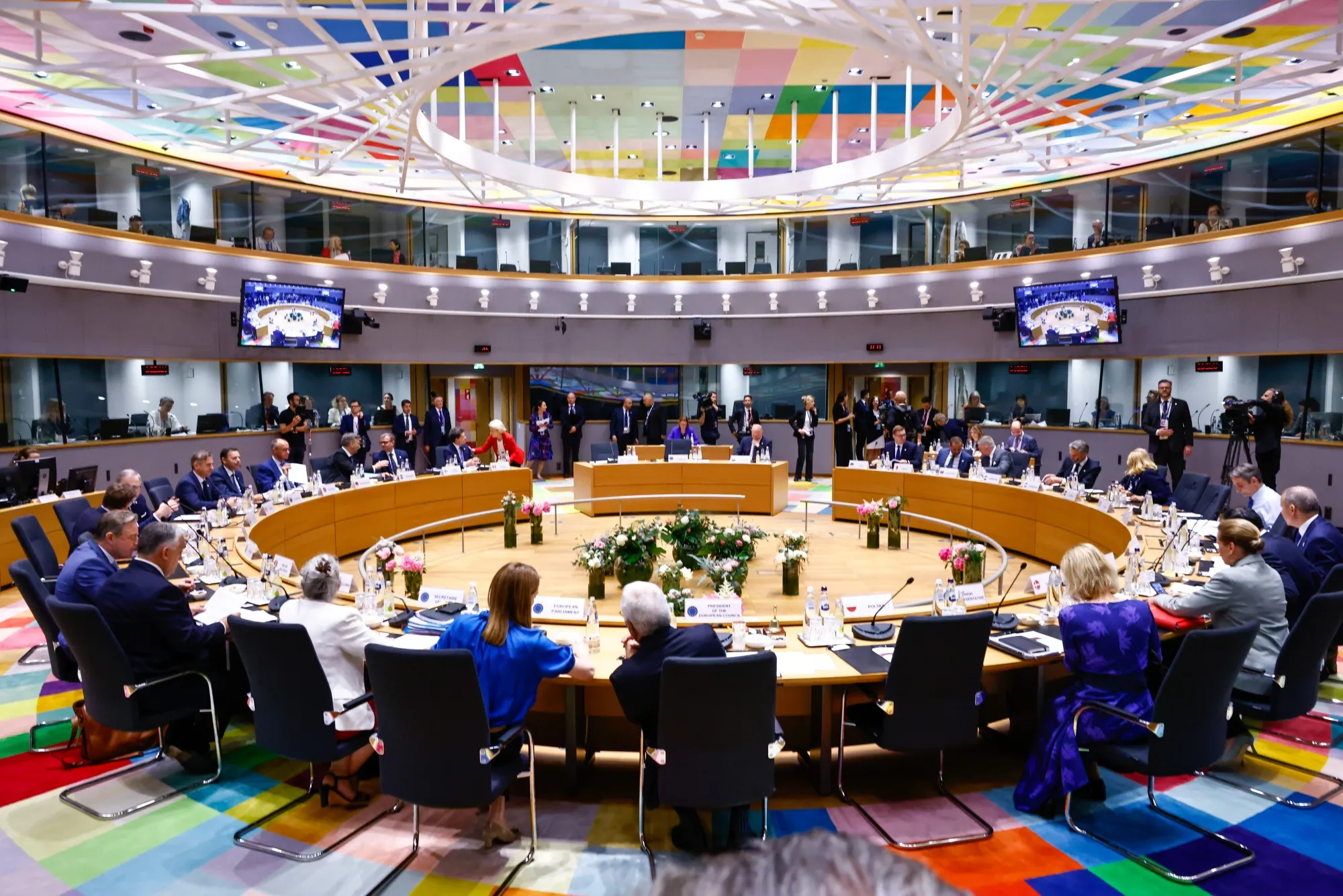 Leaders from European Union countries at a European Council meeting in Brussels&nbsp;on Thursday, June 26, 2025.