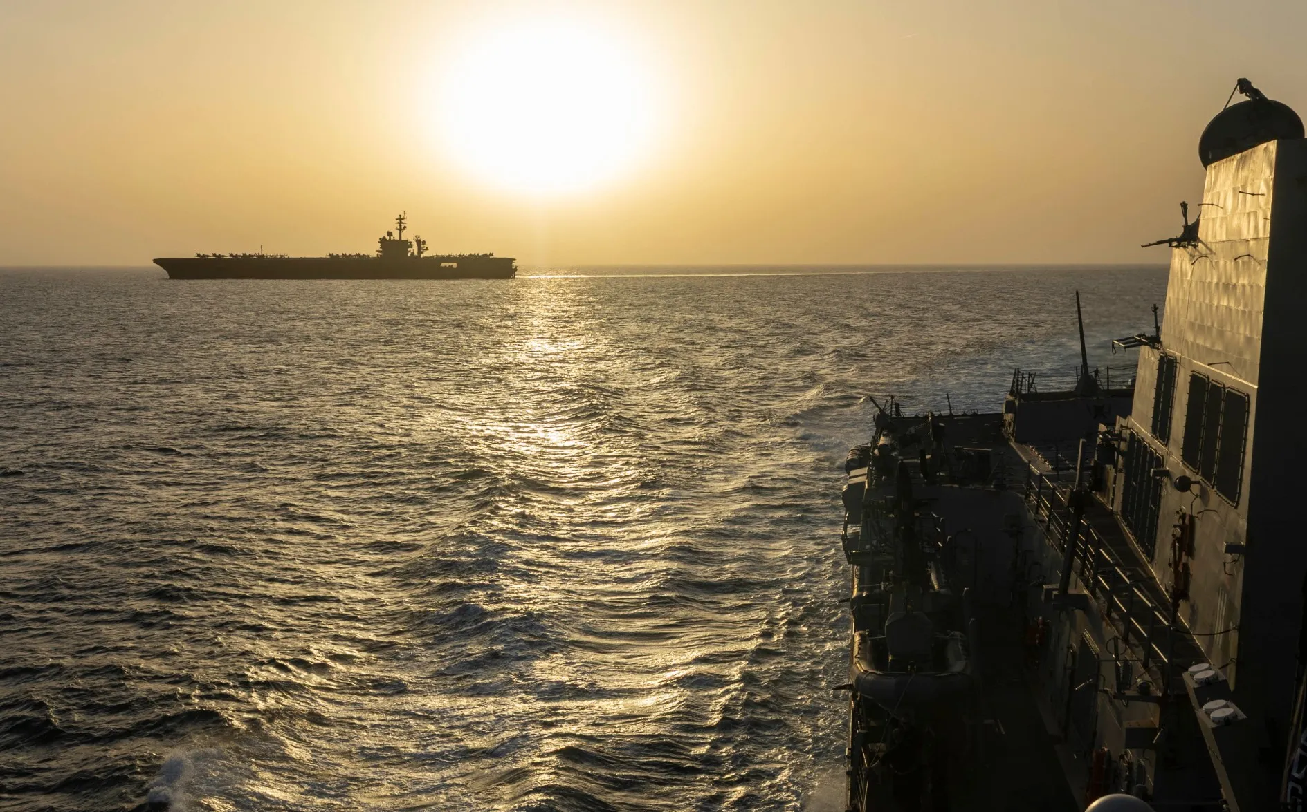 US Navy ships enforce blockade operations in the Arabian Sea on April 16.