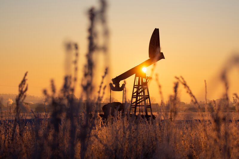 An oil pumping jack, also known as a "nodding donkey", in an oilfield near Dyurtyuli, in the Republic of Bashkortostan, Russia