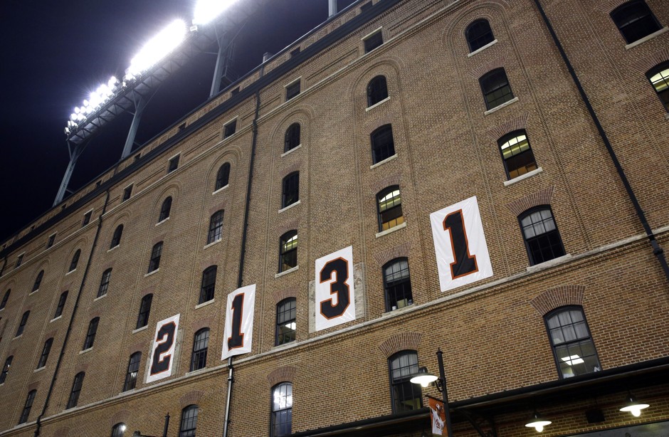 Numbers are emblazoned on the B&O Warehouse to mark the anniversary of former Baltimore Oriole Cal Ripken Jr.'s streak of playing 2,131 straight games.