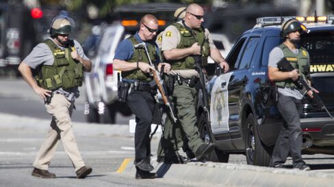 Police officers secure the scene where a mass shooting occurred at the Inland Regional Center in San Bernardino, California, on Dec. 2.