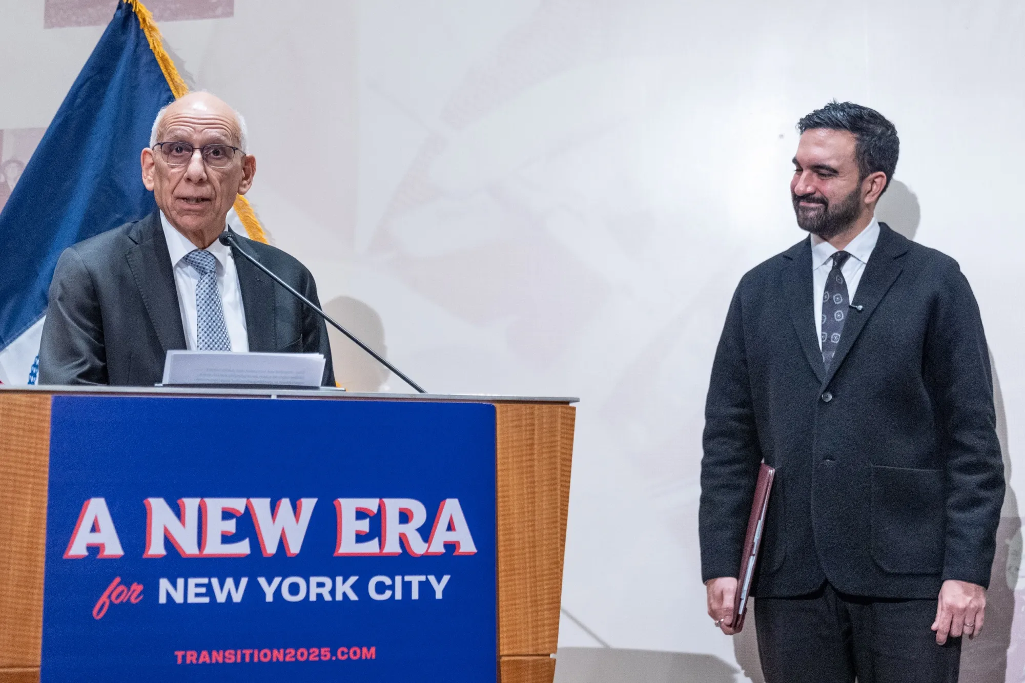 Dean Fuleihan and Zohran Mamdani during a press conference at Roosevelt House at Hunter College in New York on Nov. 10.&nbsp;
