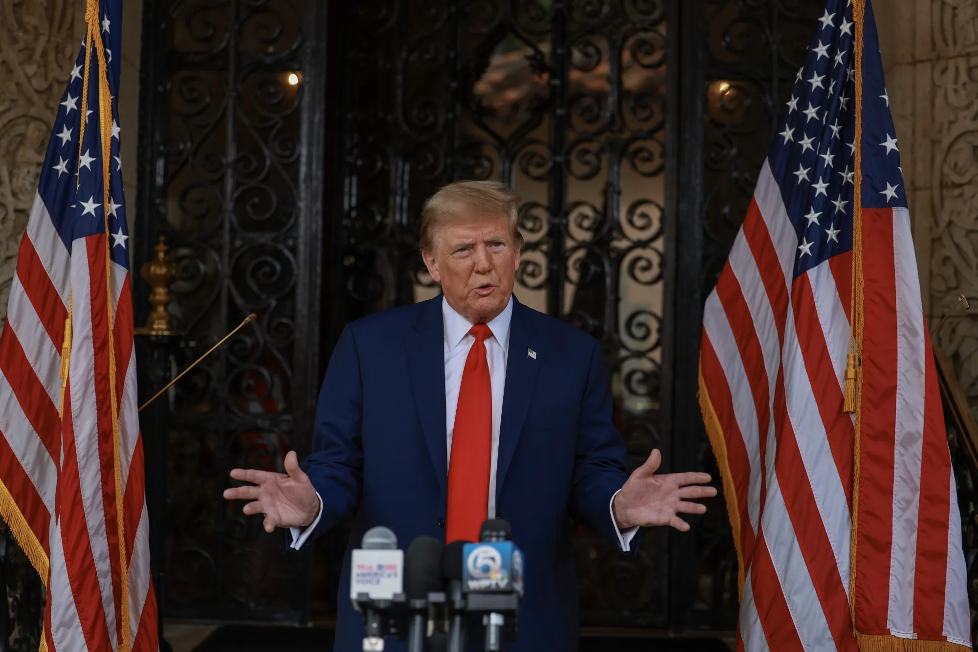 Donald Trump speaks during a press conference held at Mar-a-Lago on Feb. 8 in Palm Beach, Florida.
