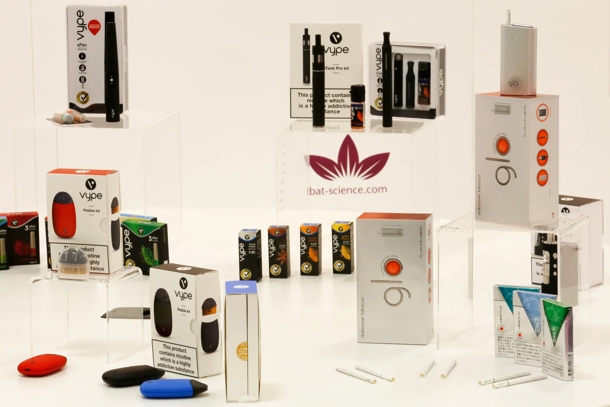 Vype vapor products and Glo heated tobacco products sit on display at the British American Tobacco Plc research and development laboratories in Southampton.
