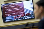 An Equifax Inc. slide is displayed on a monitor during a House Financial Services Committee hearing in Washington, D.C., on Oct. 25, 2017.&nbsp;