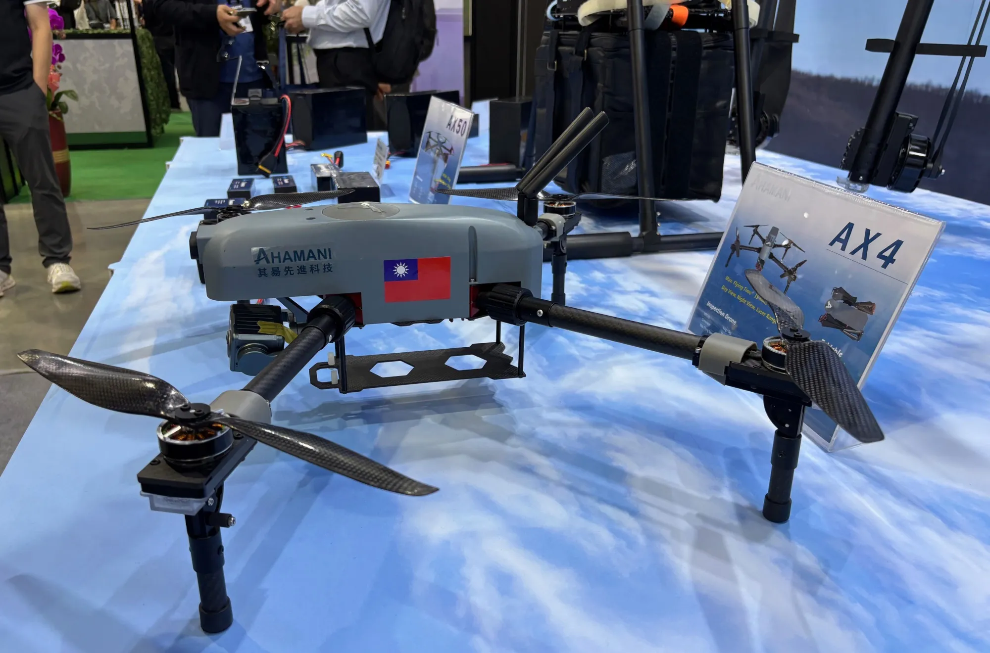 An Ahamani AX4 drone on display at the Taipei Aerospace and Defense Technology Exhibition.