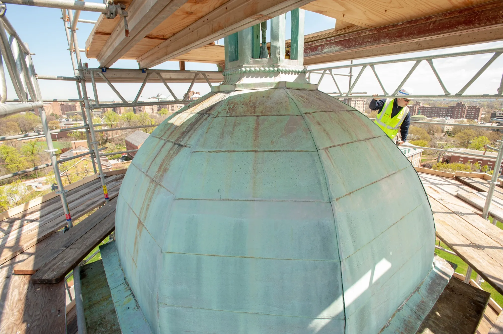 Architectural details are visible during the renovation of historic Gilman Hall on the Homewood Campus of the Johns Hopkins University in Baltimore, Maryland.&nbsp;
