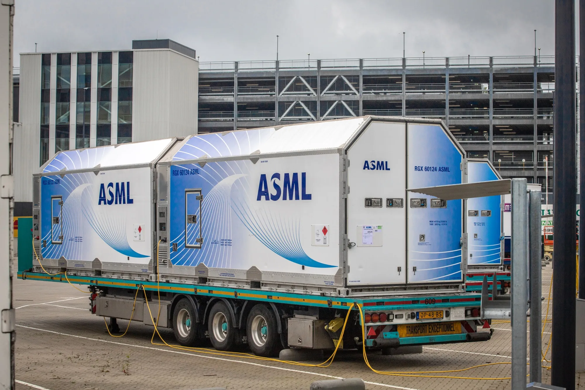 Specialized truck trailers in a parking bay at the ASML&nbsp;global headquarters in Veldhoven, Netherlands.