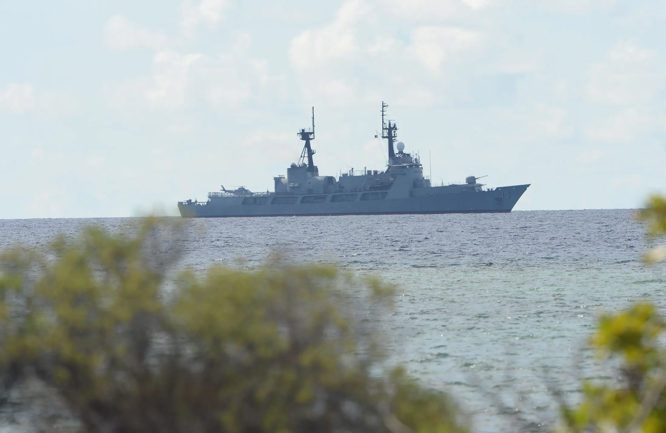 A Philippine navy's frigate&nbsp;is anchored near Thitu island in The Spratlys.