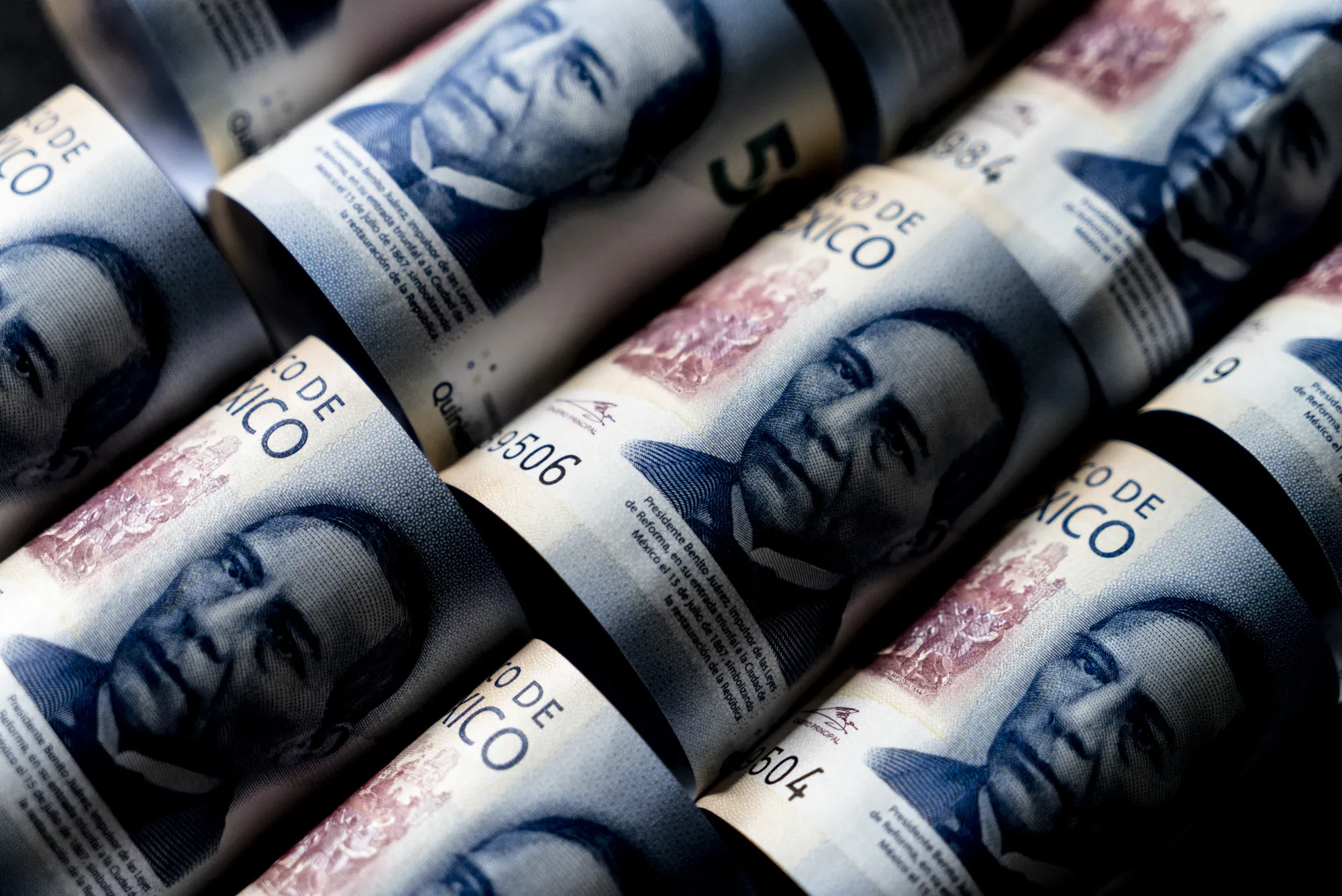 Mexican 500 peso banknotes depicting the image of Benito Juarez, Mexico's former president.