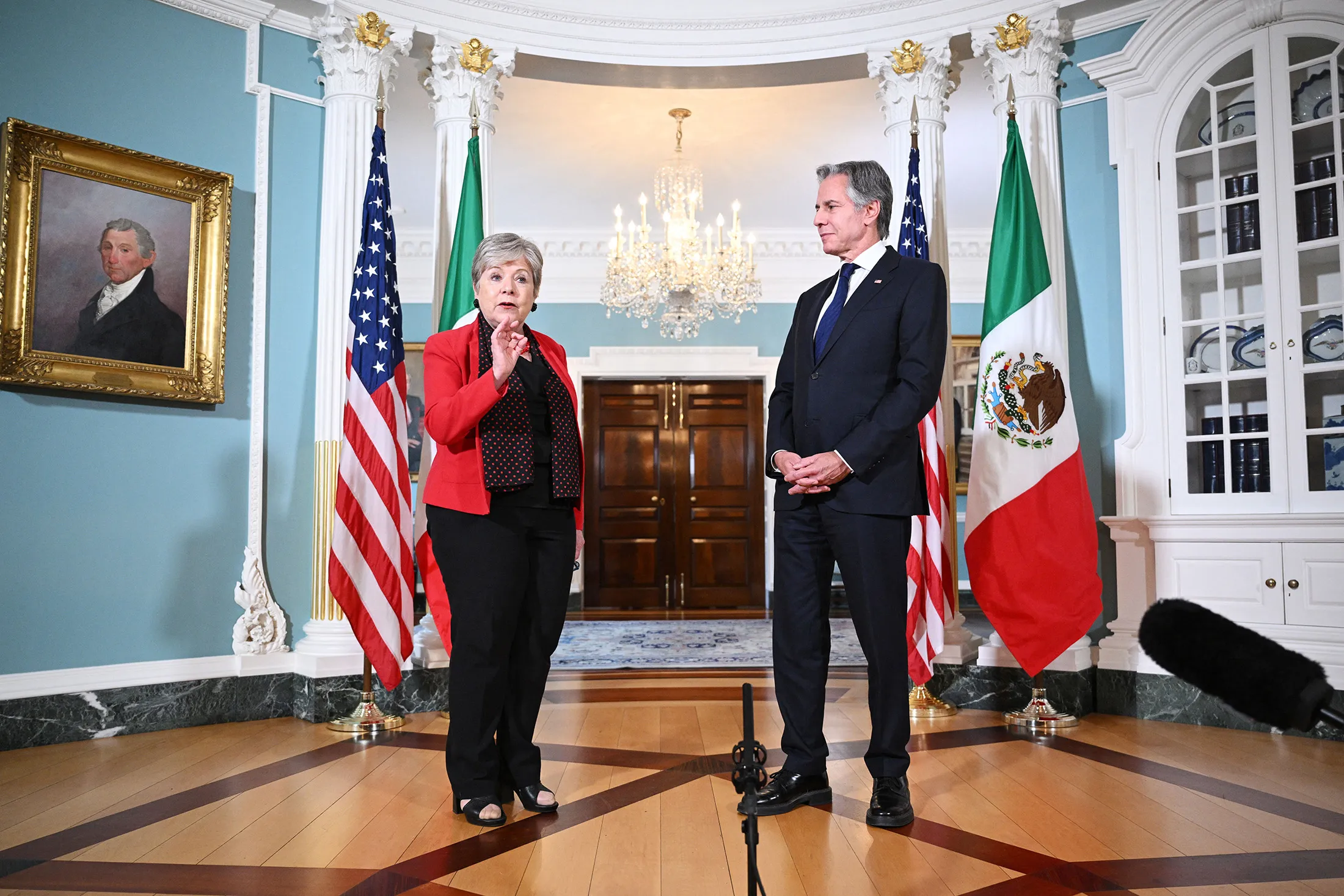US Secretary of State Antony Blinken listens to Mexican Foreign Secretary Alicia Barcena speak at the State Department in Washington, DC, on July 17.