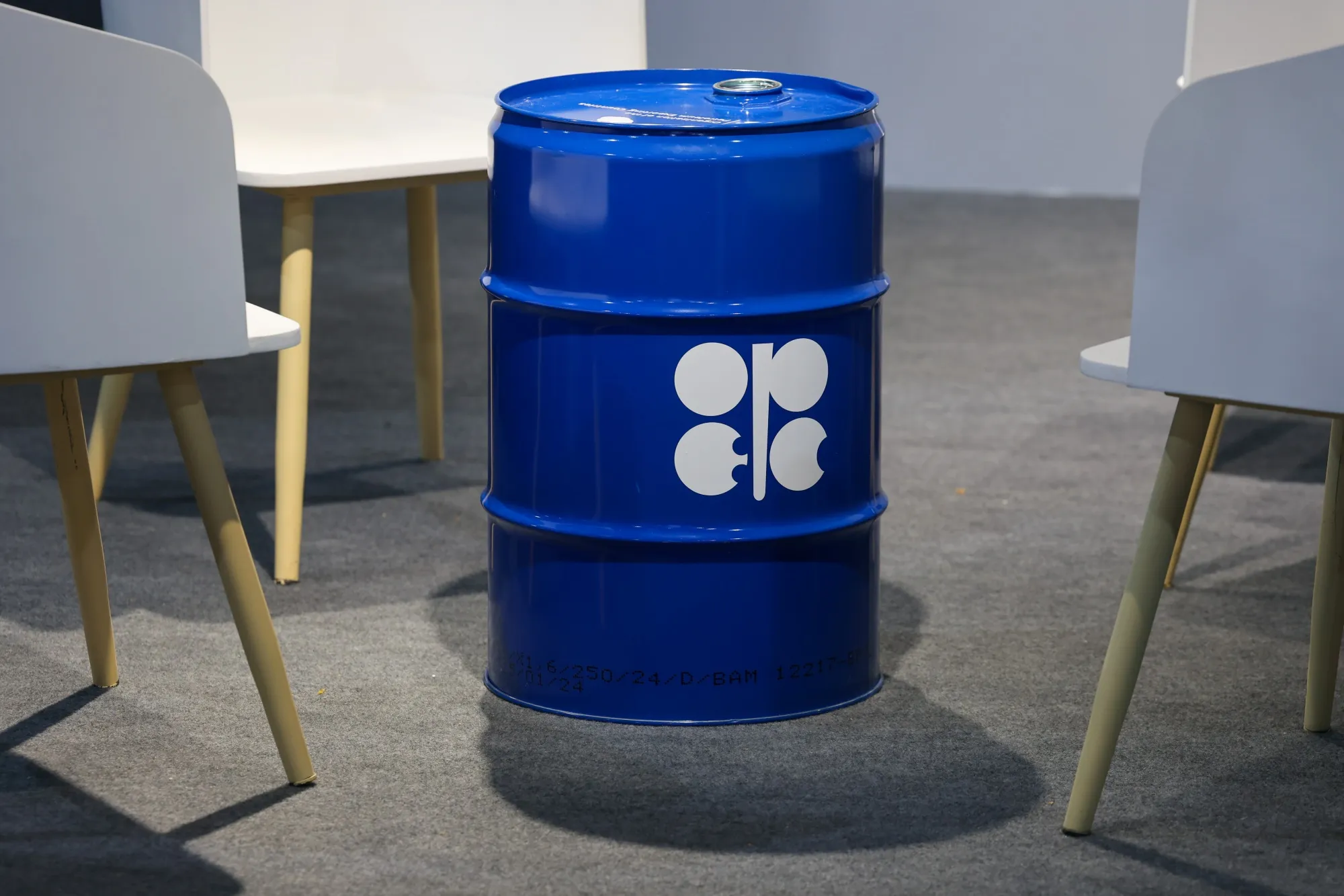 An Organization of the Petroleum Exporting Countries (OPEC) branded oil drum at the COP29 climate conference in Baku, Azerbaijan.&nbsp;The United Nations climate change conference, COP29, runs through Nov. 22.