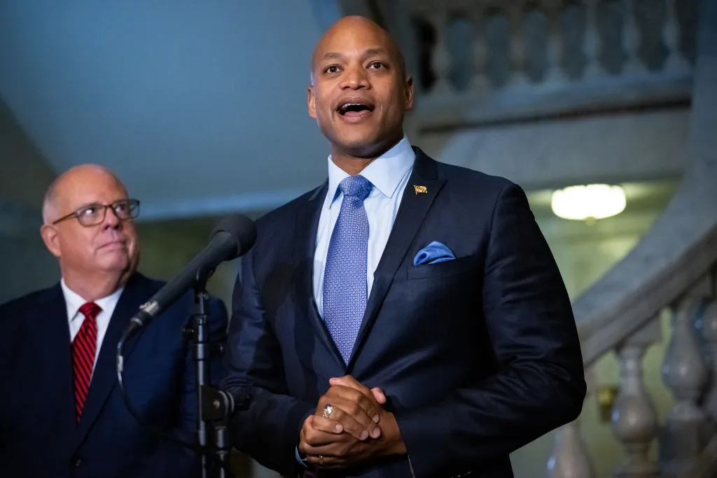 Governor-elect Wes Moore with Governor Larry Hogan during a press conference&nbsp;in Annapolis,&nbsp;Maryland, in November.&nbsp;