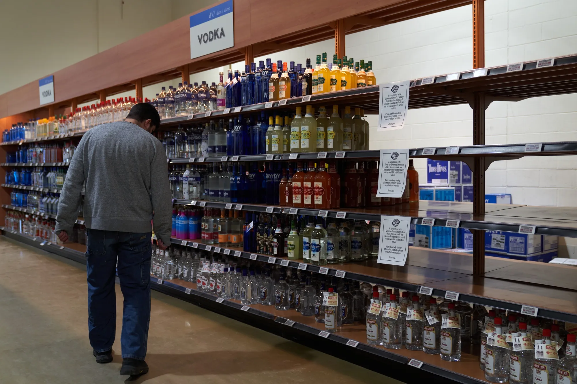 Empty shelves, formerly held for Russian-owned brand vodkas, following New Hampshire Governor’s&nbsp;ban on selling Russian liquor at a store in Nashua&nbsp;on March 1.