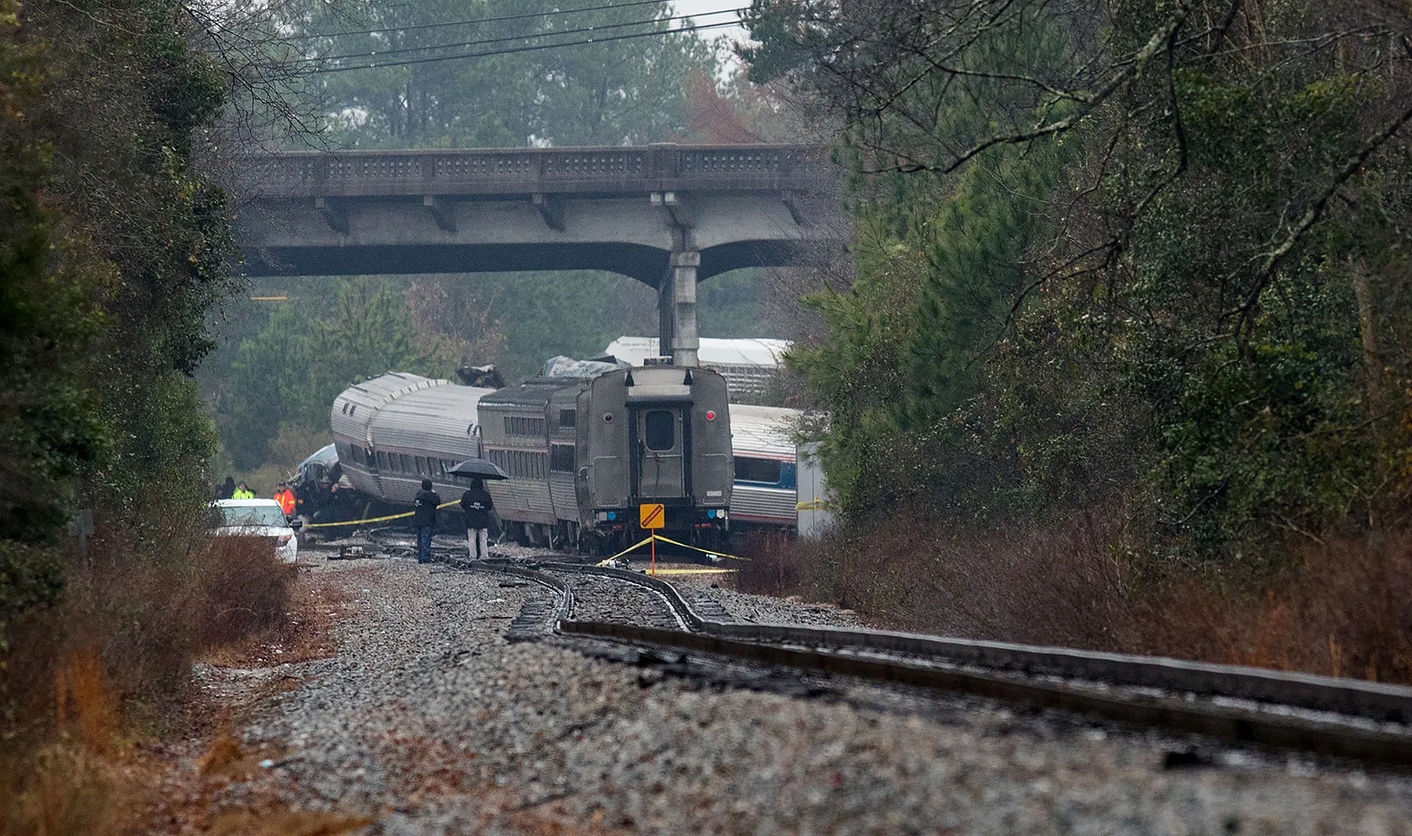 A derailed Amtrak car after a collision in Cayce, South Carolina on Feb. 4, 2018.