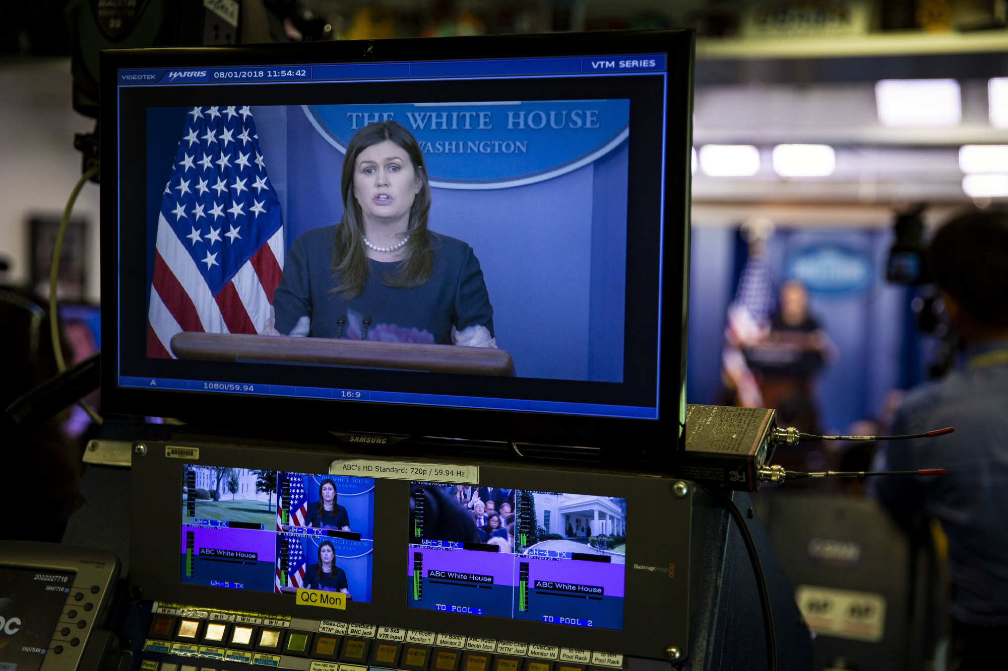 Sarah Huckabee Sanders, White House press secretary, is seen speaking&nbsp;during a White House press briefing on&nbsp;Aug. 1.&nbsp;
