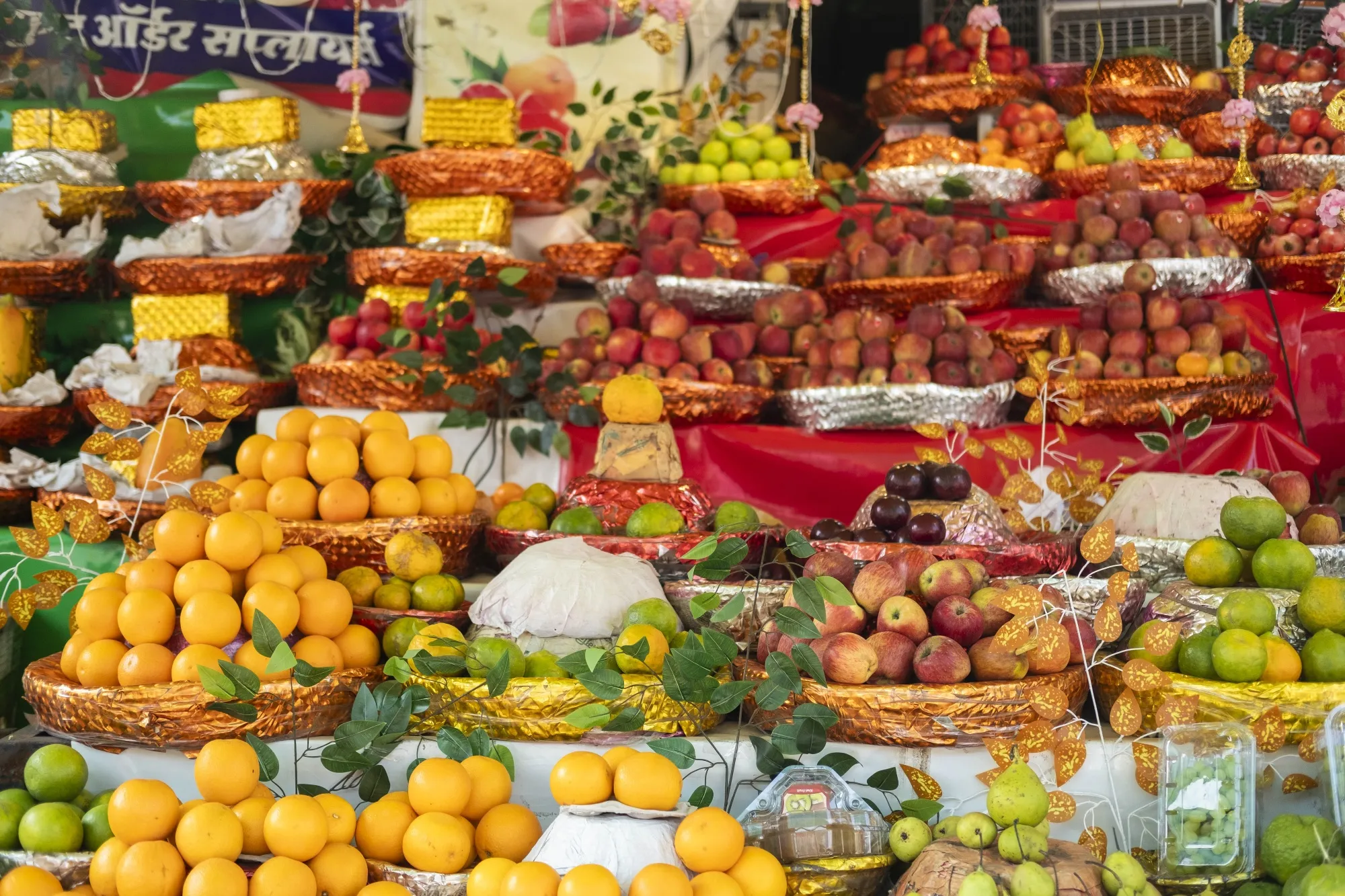Fruits stacked at a store in Indore, Madhya Pradesh, India.