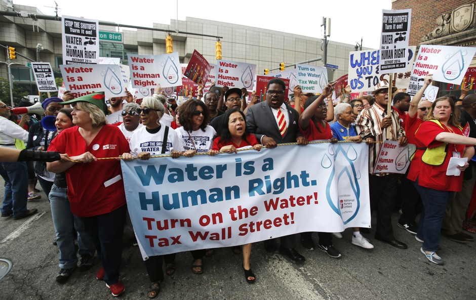 Protesters demonstrate against water shut-offs in Detroit in July 2014.