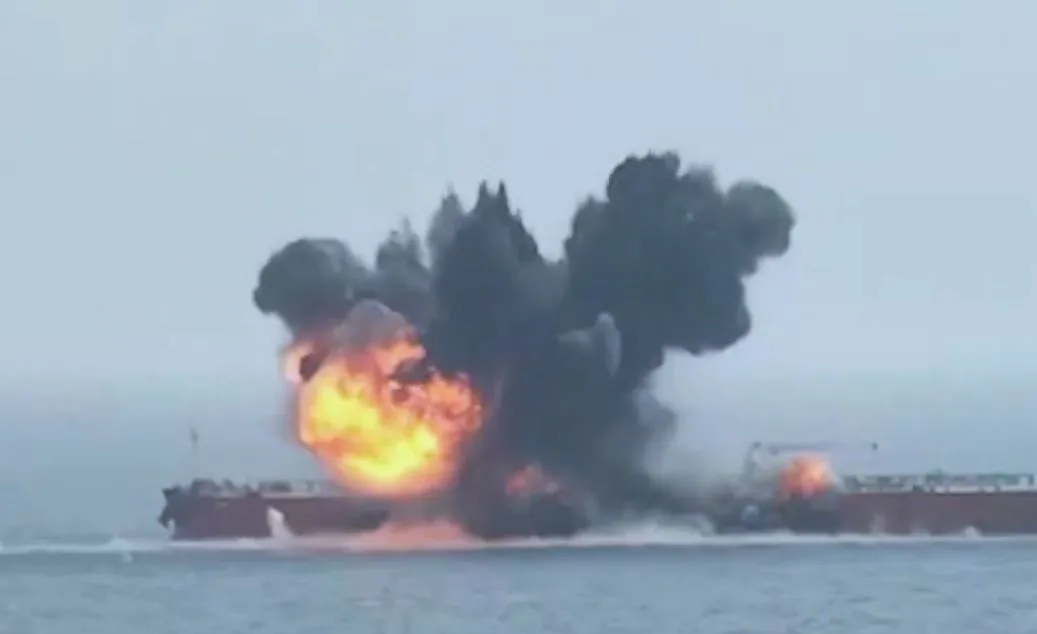 Houthi video shows a drone boat exploding near a ship this week.