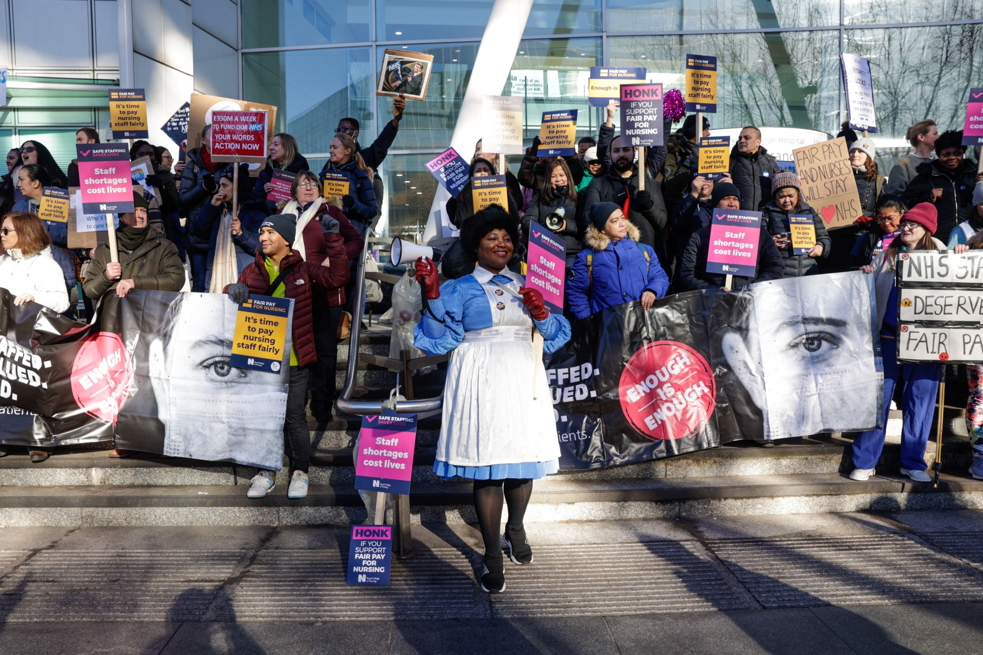 Striking nurses on a picket line outside University College London Hospital.&nbsp;