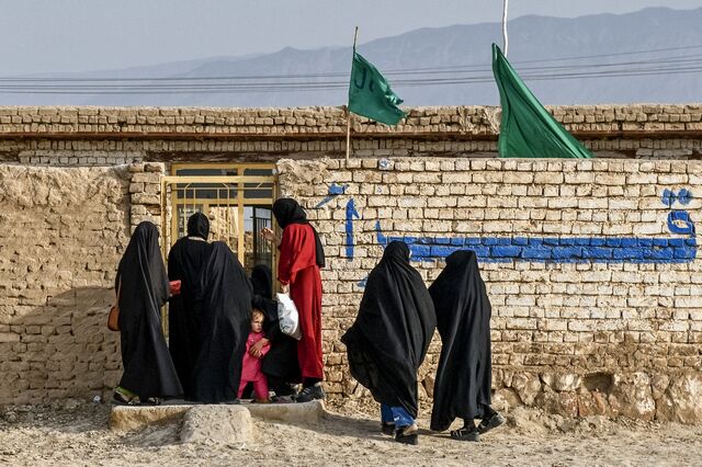 Afghan female students arrive for their lessons at a madrassa, or an Islamic school, on the outskirts of Mazar-i-Sharif on April 8, 2025.