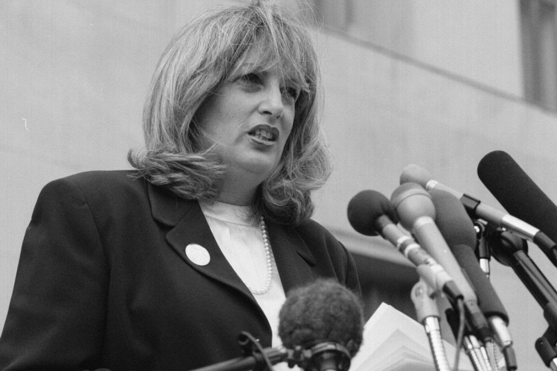 Linda Tripp speaks outside U.S> District Court in 1998.