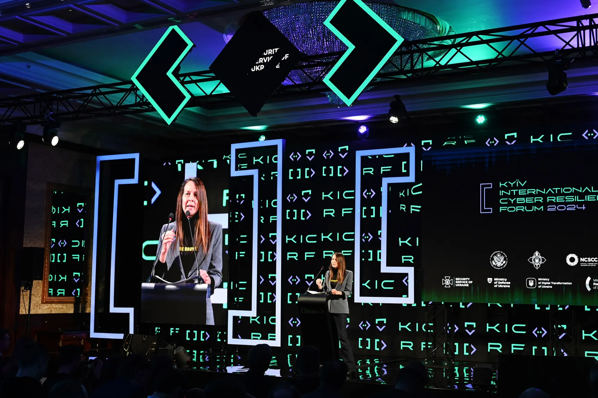 Jen Easterly delivers a speech atthe Kyiv International Cyber Resilience Forum on Feb 7.