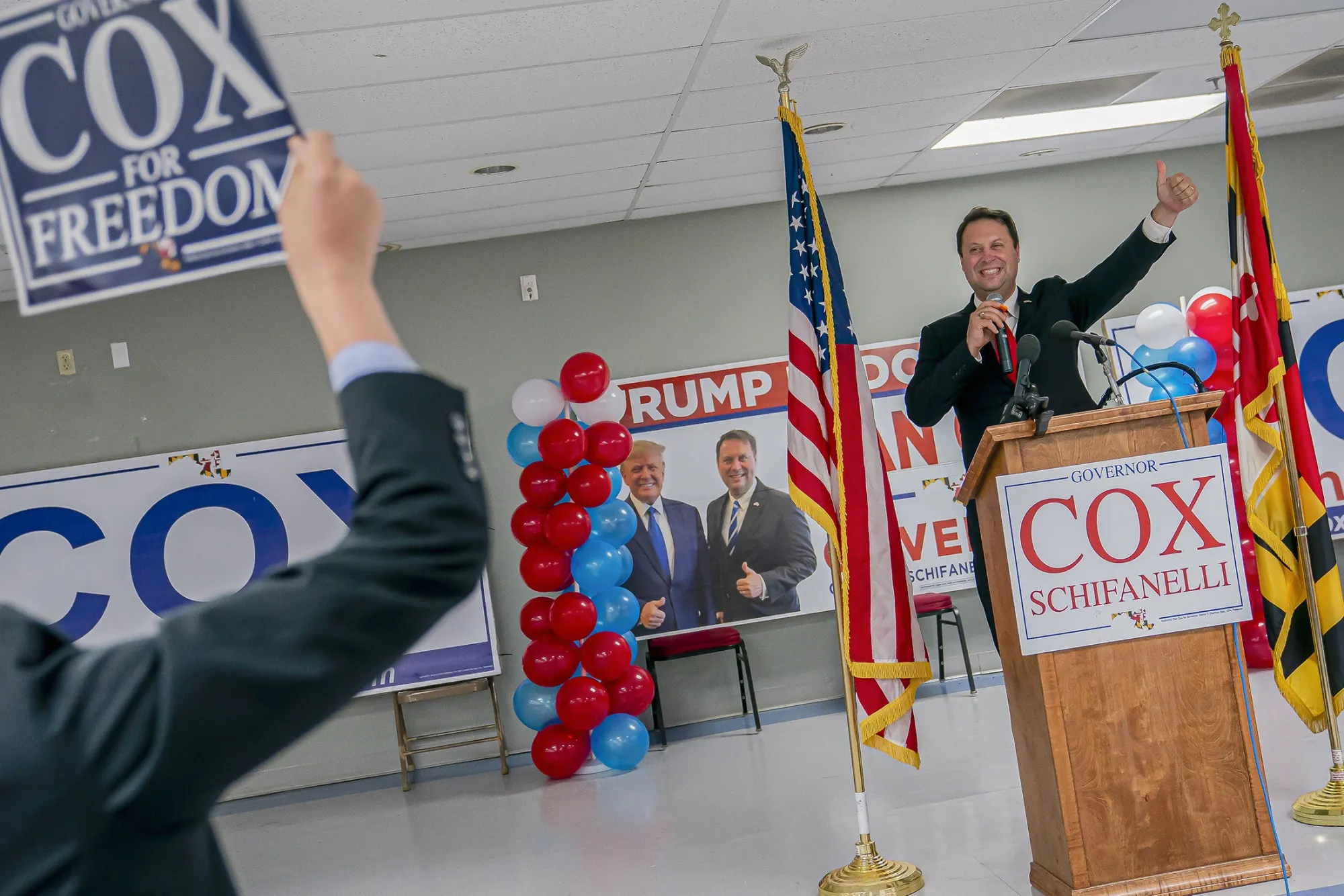 Dan Cox reacts to his primary win in Emmitsburg, Maryland, on July 19. 