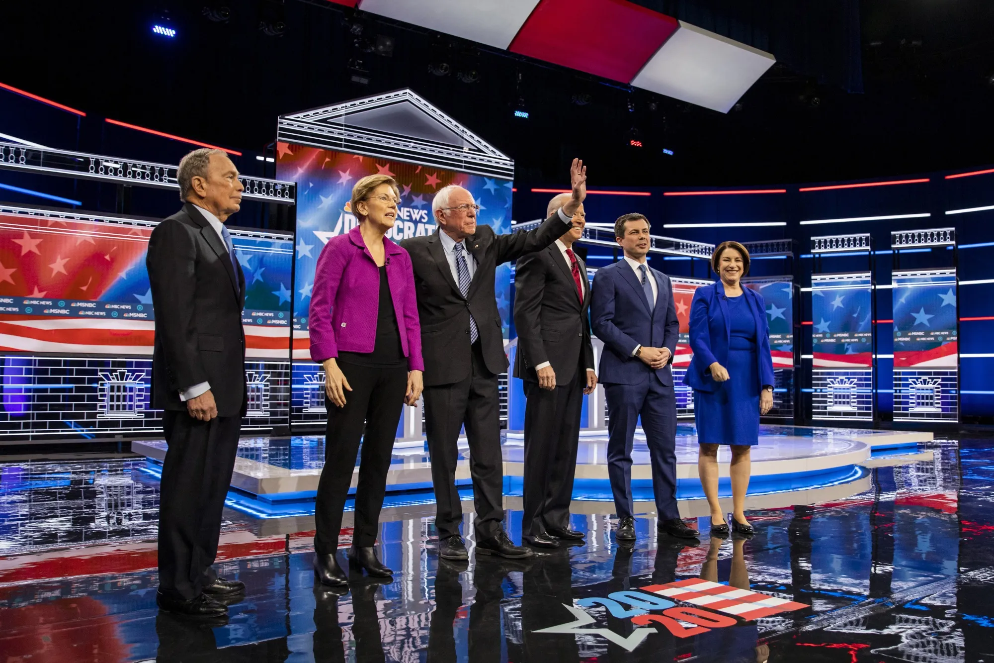 Mike Bloomberg, Elizabeth Warren, Bernie Sanders, Joe Biden, Pete Buttigieg and Amy Klobuchar ahead of the debate in Las Vegas on Feb. 19.