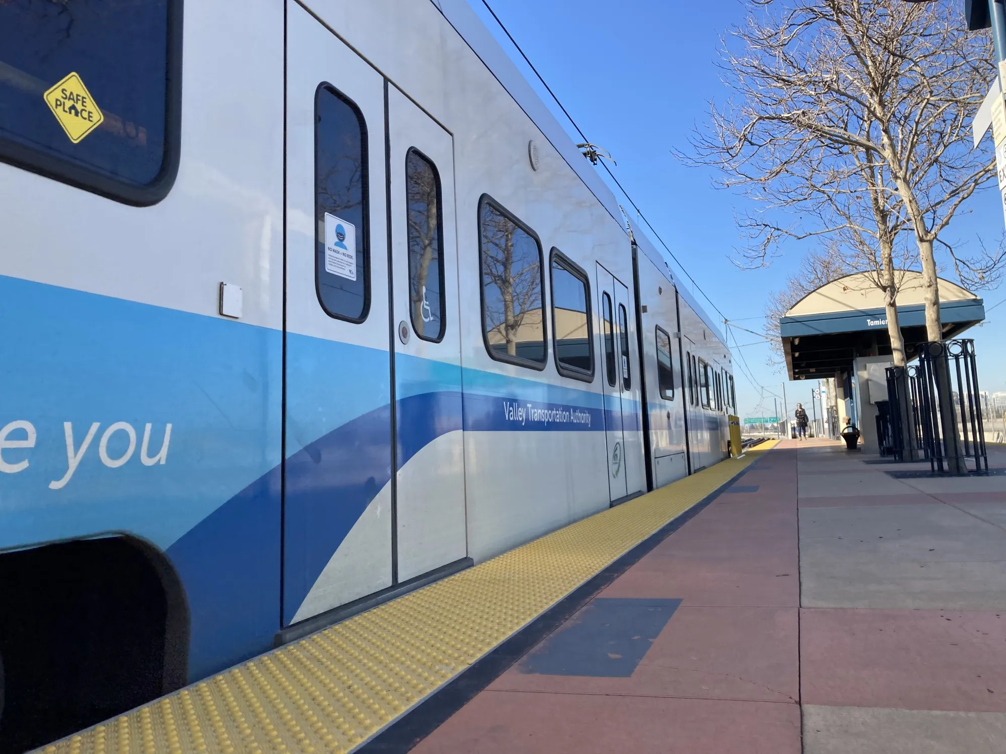 A Santa Clara Valley Transportation Authority train pulls into a station.