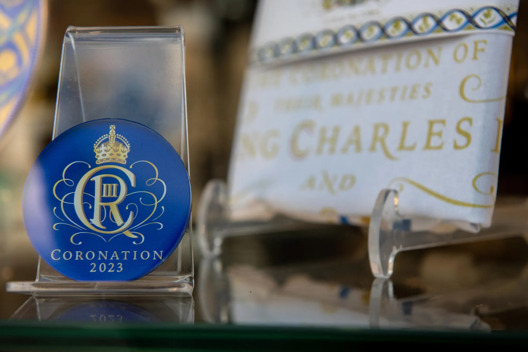 Commemorative memorabilia for sale at the Buckingham Palace shop ahead of the coronation of King Charles III