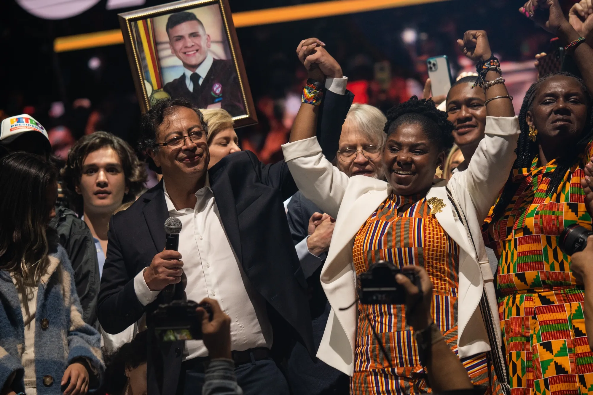 Gustavo Petro, Colombia's president-elect, left, and Francia Marquez, Colombia's vice president-elect, during an election night rally following the runoff presidential election in Bogota, Colombia, on Sunday, June 19, 2022.&nbsp;