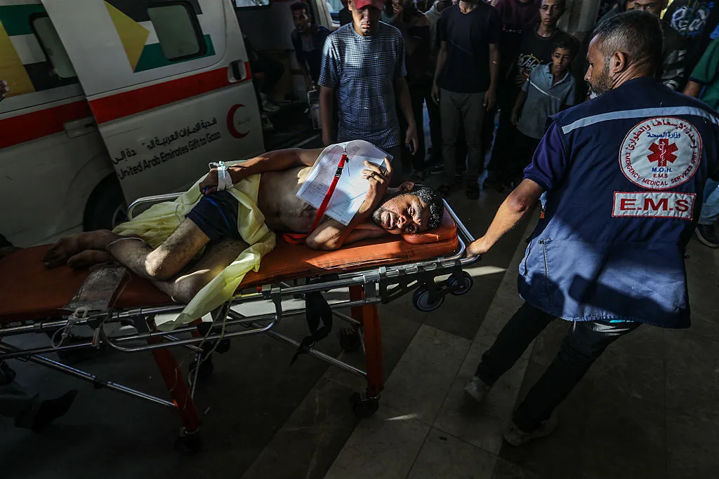 Injured Palestinians are transferred to the Nasser Hospital for treatment in Khan Yunis on June 1.