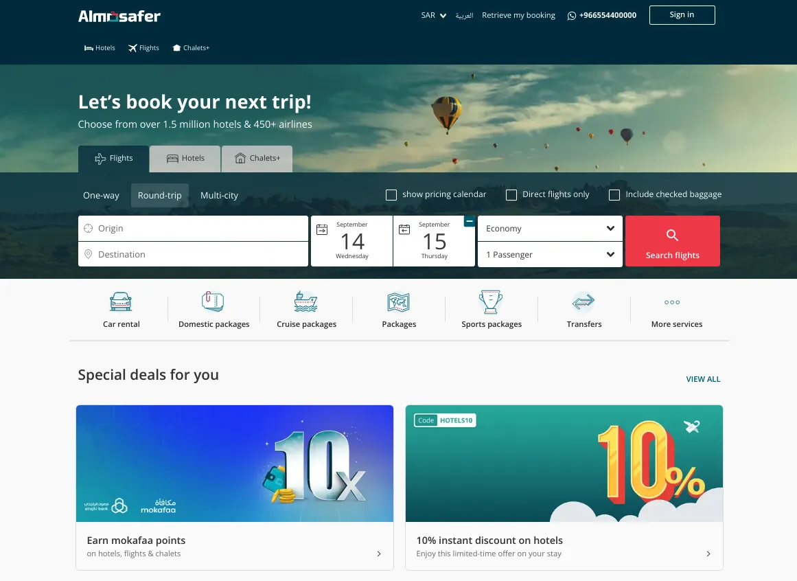 The&nbsp;Almosafer Travel &amp; Tourism website.