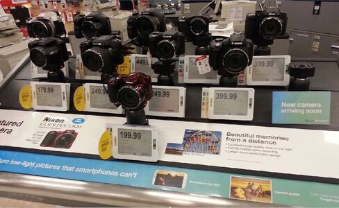 Electronic shelf labels at an electronics retail store.